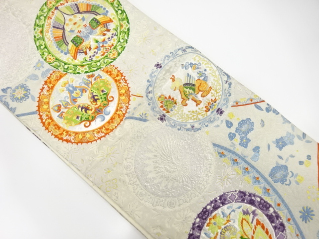 アンティーク　絵皿に花鳥模様織り出し袋帯（材料）